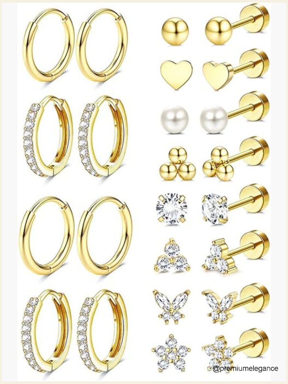14K Gold Plated Hypoallergenic Stud & Hoop Earrings Set for Sensitive Ears Flat